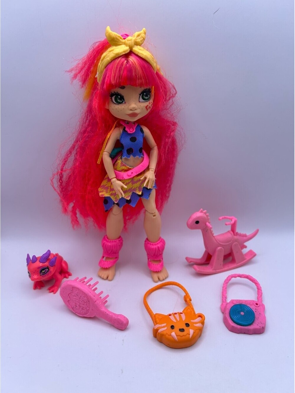 Mattel Cave Club Emberly Doll with Pet Dinosaur Rocker Bags & Brush Lot